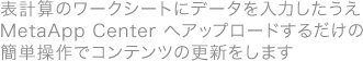 ●表計算のワークシートにデータを入力したうえ MetaApp Center へアップロードするだけの簡単操作でコンテンツの更新をします